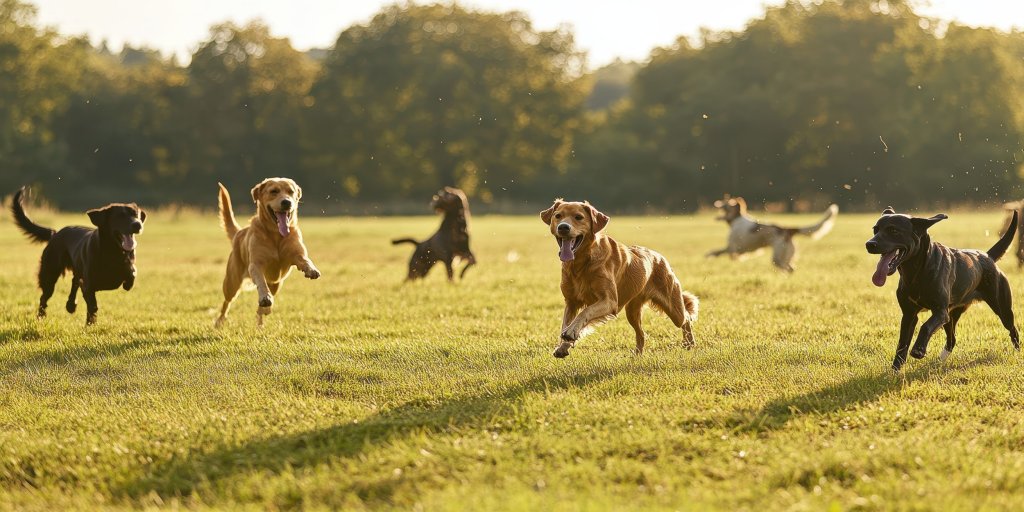 Happy dogs running off-lead in the secure fields of Dogtopia a dog walking paddock in Bude.